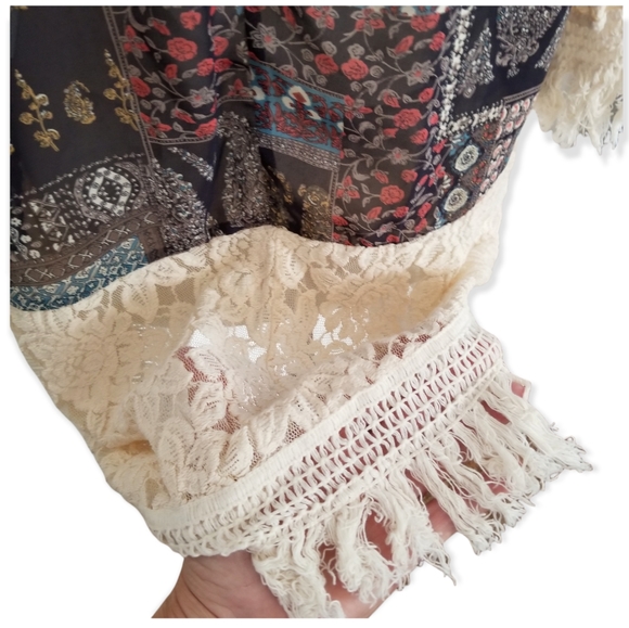 BoHo paisley, lace and fringed topper, semi-sheer, gypsy/hippie chick style sz L - Picture 7 of 9
